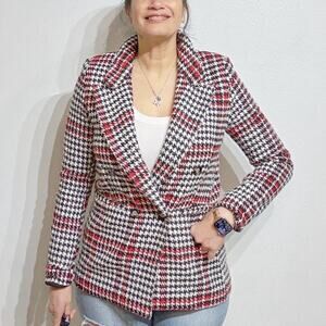 Aqua White Plaid Double Breast Blazer Jacket Sz S NWT